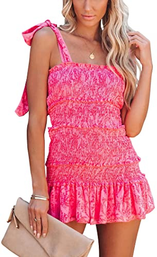 chouyatou Women's Summer Floral Spaghetti Strap Square Neck Ruffle Tie Mini Smocked Dress (Small, Hot Pink)