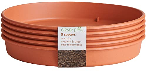 Clever Pots Blumentopf-Untersetzer, 5 Stück, für die Verwendung mit mittleren und großen leicht zu lösenden Töpfen, Innen- und Außenbereich, Kunststoff-Pflanzenuntersetzer, wetterbeständig und leicht,