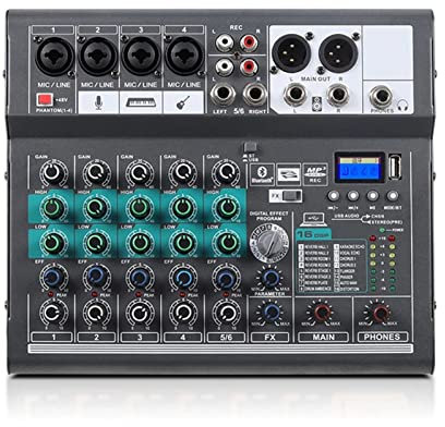 Professionell ljudmixer Digital 6-kanals mixerkonsol 16 DSP-ingång 48V Phantom Power Stereoförstärkare ljudkort för Party Studio