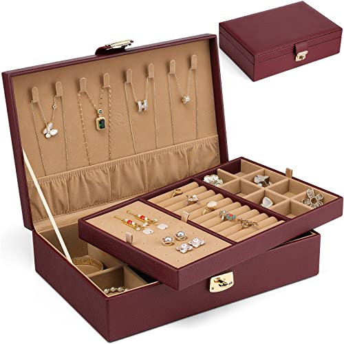Vlando Schmuckkästchen-Schmuckaufbewahrung Leder Schmuckkasten-Damen, Geschenk für Frauen, Große Schmuckschatulle mit 2 Ebenen, Jewelry Organizer Ketten Aufbewahrung (Red)