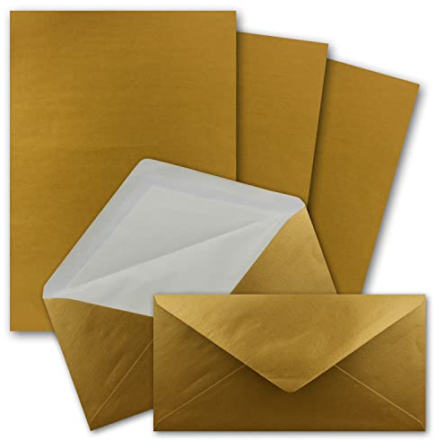 25x Briefpapier-Sets DIN A4 und DL gefütterten Briefumschlägen mit weißem Seidenfutter, Nassklebung - Gold - mattes Schreibpapier
