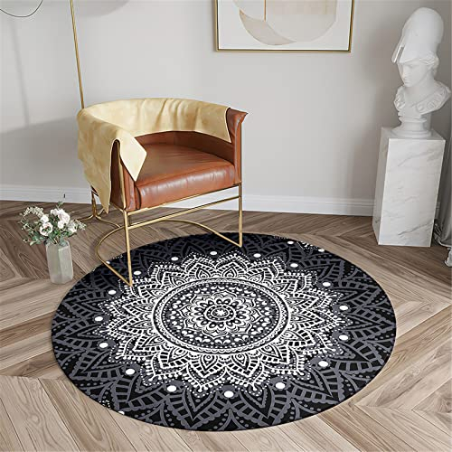 Chickwin Teppich für Wohnzimmer Rund, Mandala Stil rutschfeste Teppiche Flanell Flauschig Weich Moderne Fußmatte für Schlafzimmer Kinderzimmer Küche Dekoration (Durchmesser 80cm,Schwarz)