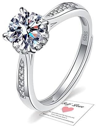 HEEYA 925 Sterling Silver Rings for Women Girl, Moissanite/Cubic Zirconia Adjustable Engagement Wedding Eternity Promise Rings, Bridal Ring Round/Heart/Square, Anniversary Jewellery Gifts with Box
