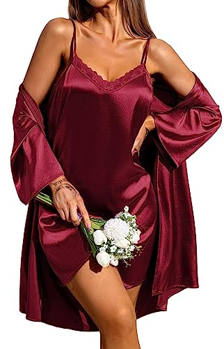 Ekouaer Completo da notte da donna in due pezzi, camicia da notte in vestaglia sexy e accappatoio con maniche a 3/4 rosso M