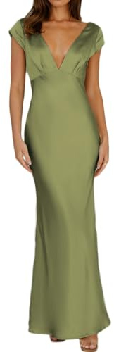 Halfisland - Lång satinklänning för kvinnor, sommar, V-ringad, cap ärm, rygglös, elegant, maxi draperad, midilång, bröllopsgästklänning