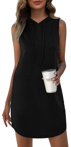 WNEEDU Abito Estivo Mini Abito Felpa da Donna Abito Senza Maniche con Coulisse e Cappuccio Nero S