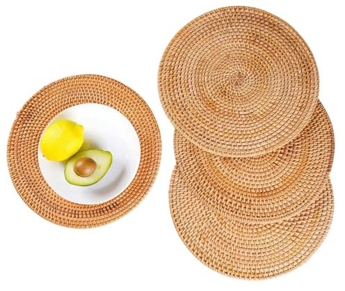 WXCOHB Set De Table Rond Ensemble De Lieux Tissés De Couverts En Rotin À Tilet À 4 Ensembles 4 Ensembles De Paille Tressée Naturelle Taux Respirant Cheaux Non Slop Pour Manger, Cuisine-Brun-30 Cm-Rond