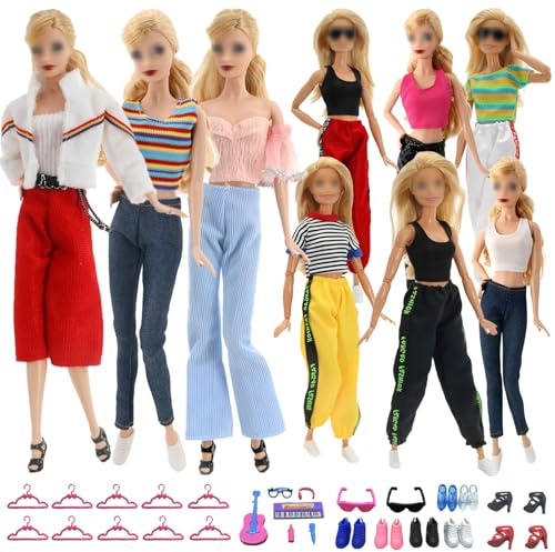 Kleidung und Zubehör für Puppen kompatibel mit Barbie Kleidung, inklusive Mode 6 Top 6 Hosen, 10 Kleiderbügel, 6 Paar Freizeitschuhe, 6 Musikzubehör, 1 Cool zufällig ausgewählter Becher für Puppen