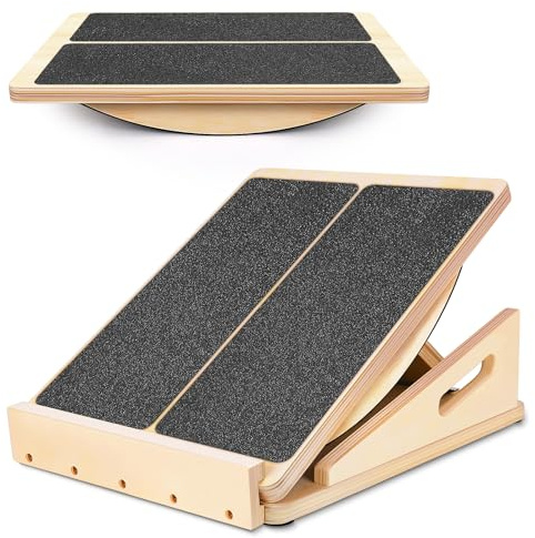 2-in-1 Professional Wooden Balance Board & Slant Board, Four Adjustable Incline Board and Calf Stretcher, Stretch Board for Knees Ankle Heel Feet Leg