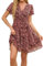 Jiraewh Damen Chiffon Kurz Kleid V-Ausschnitt Kurzarm Sommerkleid Rose Blume Elegant Rüschen Minikleid Casual Swing Skater Kleid Hohe Taille Partykleid Wickelkleid mit Gürtel （5086-RD Rose L