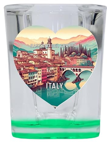 R and R Imports Bassano del Grappa Italy Travel Souvenir Destination Heart Shape 2 Ounce Shot Glass Square Green Base 4-Pack
