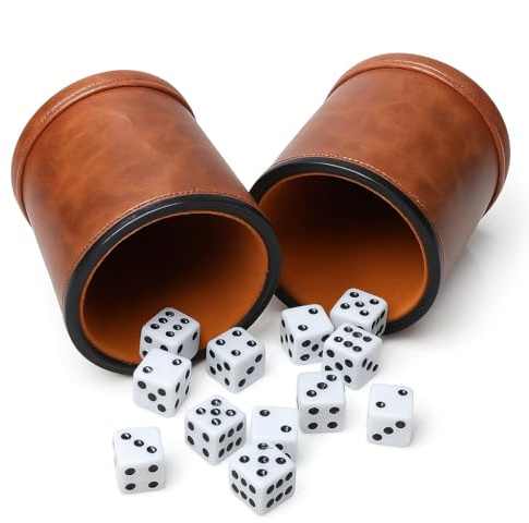 RERIVER Brown PU Leather Dice Cup Set, Felt Lined Dice Shaker with 6 Dice for Liars Farkle Yahtzee Game, 2 Pack