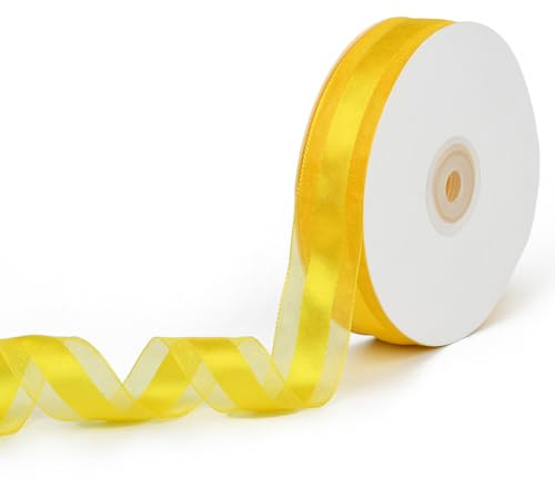 CABODYALS Nastro Trasparente Giallo Largo 45.72 m, 25mm, in Chiffon Trasparente, Voile, Organza A Righe, Filato, Tessuto, Nastri Sfusi con Bordo in Raso per Cucito, Artigianato, Confezioni Regalo, Bo