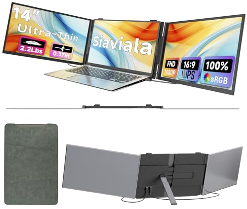 siaviala Extensor Pantalla Portatil 0.17 Ultra-Fino, 14 1080P FHD IPS Monitor Portatil, Triple Pantalla para Portatil para computadoras portátiles de 13 -17, Plug & Play para Mac/Android/Chrome