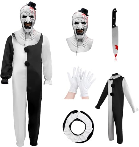 Makoike 5Pcs Art the Clown Costume Kids Terrifying Mask with Scary Killer Clown Costume Carnival Halloween Outfit Cosplay Props