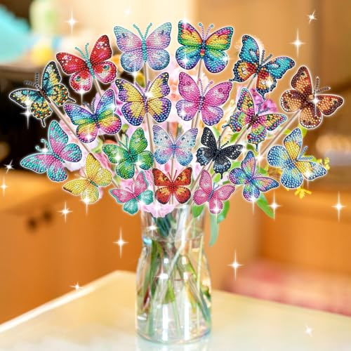 UIQVQIU DIY Flower Bouquet 5D Diamond Painting Kits, Full Drill Art Crystal Rhinestone Painting, Butterfly Diamond Arts & Crafts Set for Home Room Garden Vase Decor (Colourful Butterfly - 20)