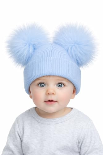 SOHOBABY™ British Made Soft Stretchy Double Pom Plain Baby Boy Baby Girl Hat (UK, Age, 0 Months, 3 Months, Blue)