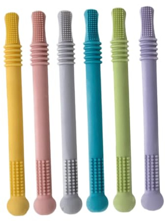 6 Pack Silicone Hollow Teething Straw Toys for Baby