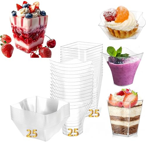 HausVista 75er Dessertbecher Plastik 160ml (5oz) - 3 Designs Dessertgläser Wiederverwendbar, Transparente Hartplastik Dessertschalen für Mousse, Tiramisu, Buffet & Party - Fingerfood Schalen Set