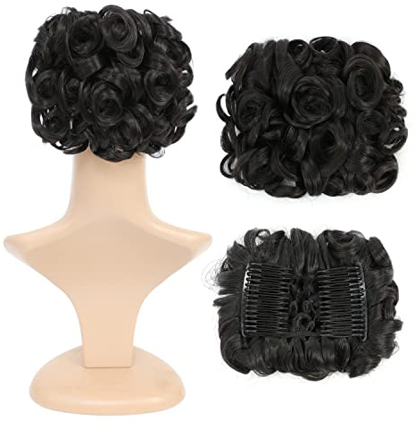 SWACC Short Messy Curly Dish Hair Bun Extension Easy Stretch hair Combs Clip in Ponytail Extension Scrunchie Chignon Tray Ponytail Hairpieces (Natural Color Close to Black-2#)
