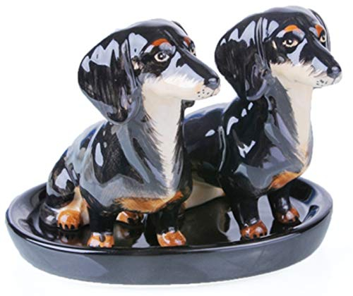 SYNYEY Dackel Salz und Pfefferstreuer Keramik Geschenk Frühstückstisch Set 3 teilig (SCHWARZ)