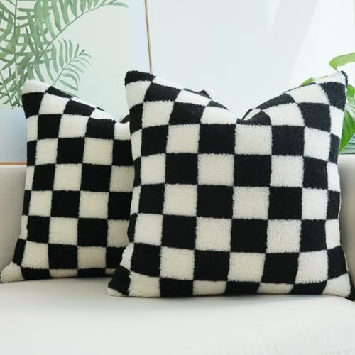 JOJUSIS Federa decorativa per cuscino, stile lussuoso, motivo a scacchiera, super morbide, in finta pelliccia, per divano e camera da letto, confezione da 2 (nero, 45 x 45 cm)