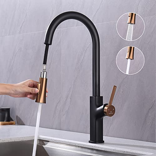 HOMELODY Wasserhahn Küche Schwarz,Küchenarmatur Ausziehbar 360° Drehbar,Wasserhahn Küche Ausziehbar Mischbatterie Küche mit 2 Modus,Armatur Küche Schwarz Küchenarmatur Hochdruck mit Höhe Bogenauslauf