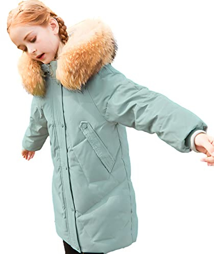 amropi Bambini Ragazze Cappotto con Pelliccia Cappuccio Inverno Parka Piumino Giacca Verde,11-12 Anni