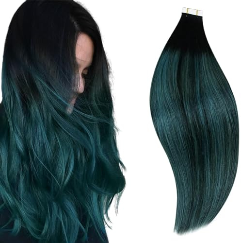 RUNATURE Tape in Extensions Echthaar Schwarz Ombre Grün 40cm Teal Balayage Echte Haare 20 Stück 50g #1b/Teal