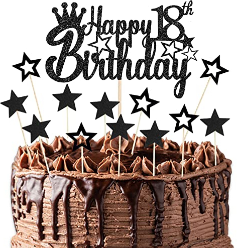 16 Stück Geburtstag Cupcake Topper, GlitterHappy 18th Birthday Kuchen Topper Sterne Schwarzes Cake Topper Tortenaufsätze Party Kuchen Tortendekorationen für 18 Geburstagstorte Deko Jungen Mädchen