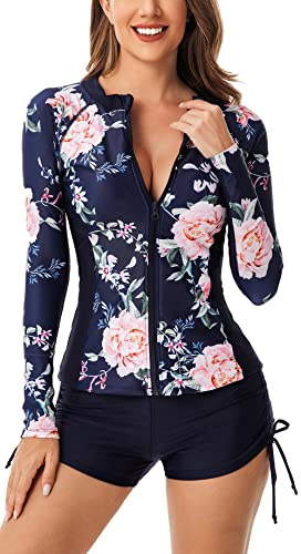 SEAUR Rash Guard para mujer de manga larga UPF 50+ con protección UV, traje de baño de dos piezas, traje de baño ajustado, protección solar, ropa de baño, camiseta y pantalones cortos S M L XL XXL 3XL