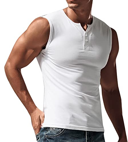 Débardeur de sport sans manches pour homme avec boutons - Élastique et à séchage rapide - T-shirt d'entraînement à manches courtes - M à 3XL, Blanc., M