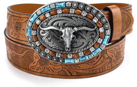 Eohak Mens-Western-Cowboy-Belt - Longhorn-Bull-Pattern-Buckle-Belt Brown, Fit Waist 25-30 in