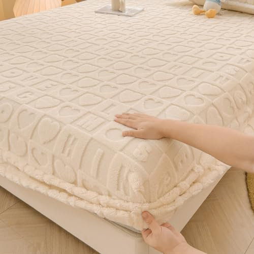 Hiseng Flanell Spannbettlaken, Weiches Spannbetttuch Leintuch, bis 30cm Matratzenhöhe, Elastisches Matratzenschoner für Boxspringbett & Wasserbett (150x200cm (Spannbettlaken),Buchstaben beige)