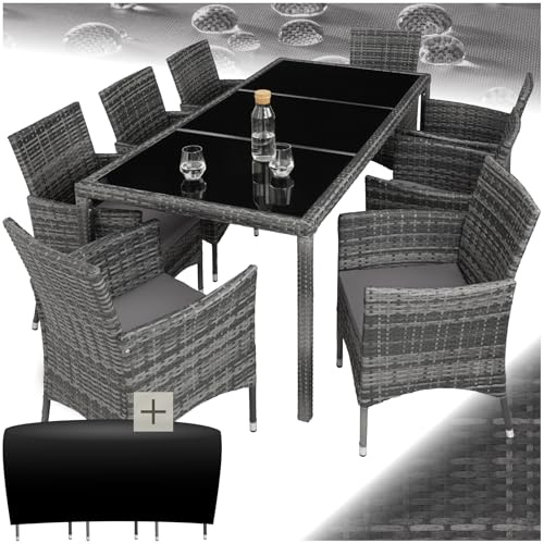 tectake® Set di Mobili Giardino, Set Sedie, 8 Sedie, 1 Tavolo, Cuscini Morbidi, Terrazza Esterni, Coperchio di Protezione, Arredo Giardino, Poli Rattan Arredamento - Grigio-Mélange/Grigio