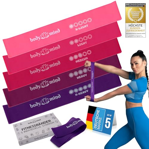 Body & Mind® Fitnessbänder 5 Stück Widerstandsbänder in 5 Stufen, Resistance-Bänder Trainingsbänder Gymnastikbänder 5er Set für Muskelaufbau, Yoga, Pilates & Work-Out; Sport-Band 100% Latex (Pink)