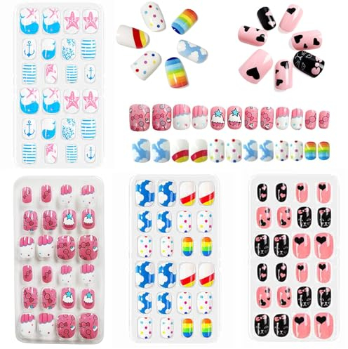 96 Stück Falsche Nägel für Kinder mit Nagelkleber - Pre Glue Full Cover Kurze Kindernägel Künstliche Nagelspitzen - Ready to Wear Press On Gel Nails für Kinder Mädchen (Colorful Pink A, Kurz)