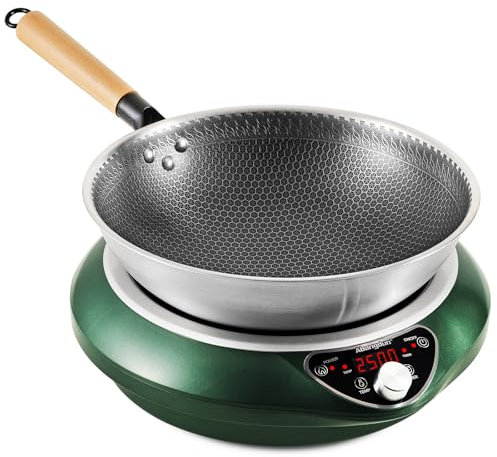 Abangdun Placa de inducción con Wok, 2500W Placa Inducción Portátil 12 Niveles de Potencia 200W-2500W Rango de Temperatura 60-240°C, Pantalla LED, Temporizador de 18 Horas, 190-275V