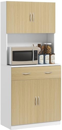 HOMCOM Mobile Cucina Alto 180cm con Armadietti a 2 Ante e Cassetto, Credenza Alta da Cucina in Legno con Ripiani Regolabili, per Cucina, Sala da Pranzo e Soggiorno, 80x40x180 cm, Colore Legno e Bianco