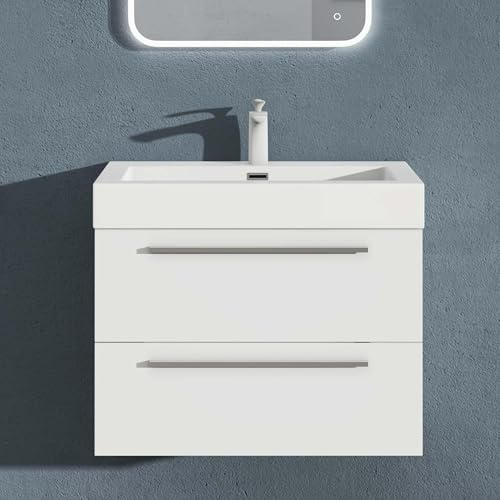 doporro Badmöbel-Set Waschbeckenunterschrank mit Soft-Close in Matt Weiß 73x48x60cm Waschplatz komplett Set inkl. Mineralguss-Waschbecken Quadratto