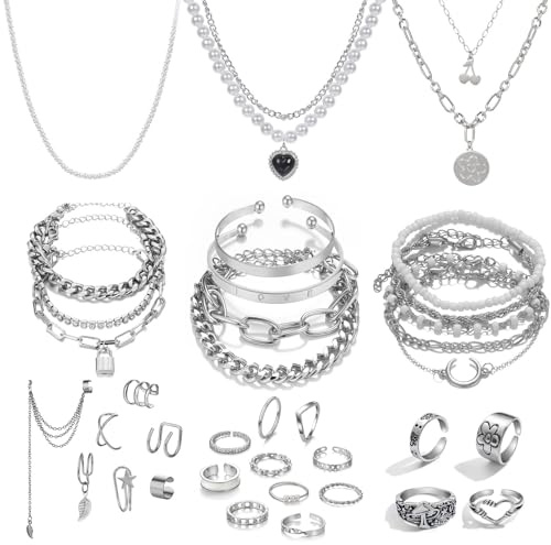 CHarmeFleur 36 Piezas Set de Joyas Plateadas con 3 Collares, 12 Pulseras, 7 Pendientes de Lóbulo, 14 Anillos de Tobillo para Mujeres y Niñas como Regalo para San Valentín, Aniversario, Cumpleaños