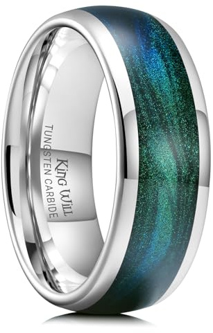 King Will Wolframkarbid-Ring für Herren - 8mm Gunmetal Trauring mit blau-grüner Sand-Einlage, gewölbte Hochglanzoptik, ideal für den täglichen Gebrauch 12