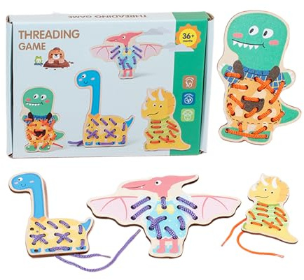 Lacing Cards for Toddler, Wooden Animal & Dinosaur Threading Boards, Fine Motor Skills Toy for Kids Learning, Shoe Tying Practice and Preschool Quiet Time Activity, Dinosaur Design