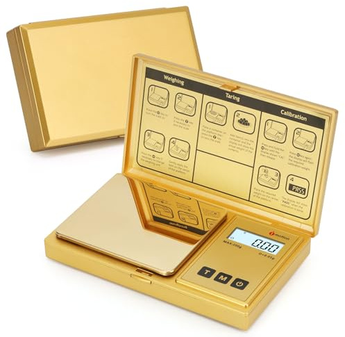 iMotion Precision Digital Pocket Scale 200g x 0.01g, Backlit LCD, Tare Function, for Jewellery, Measures in g, oz, ozt, dwt, ct, gn, 2×AAA Powered (Gold)