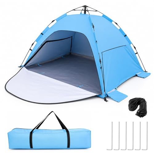 Pop Up Strandmuschel mit UV-Schutz 50+, Automatisches Strandzelt für 2-3 Personen, XXL Pop Up Strandmuschel mit Verlängerter Matte, Leichtes Windschutz Zelt für Baby & Familie, Einfach Aufbau & Abbau