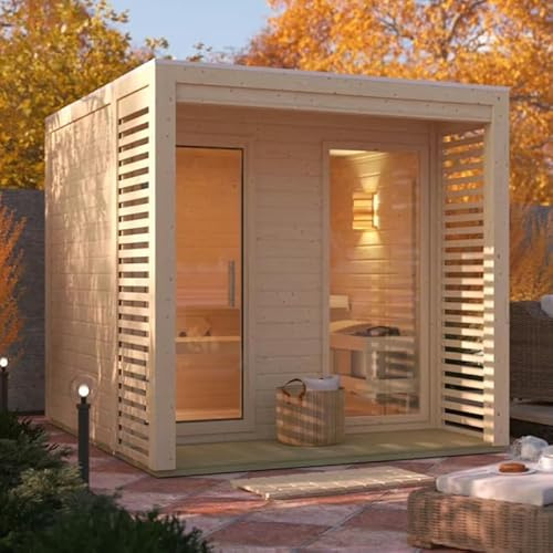 Karibu Sauna Extérieur Tonneau Angkor 2 | 4-6 Places, Bois Épicéa Nordique 38mm, Poêle 9kW Contrôle Externe | Terrasse, Vitre Façade, Isolation Toit