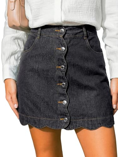 CUPSHE Women Denim Skirt Casual High Waist A-Line Scalloped Hem Mini Jean Skirt with Pockets