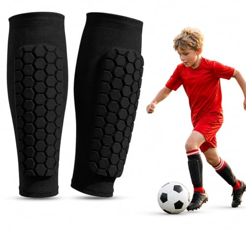 Football Shin Pads Guards Honeycomb Compression Sleeve Shin Defender Kids for Superior Impact Absorption, Elastic Breathable Knit for Boys Girls Lightweight Comfortable Fit Soccer Ski Shin Guards