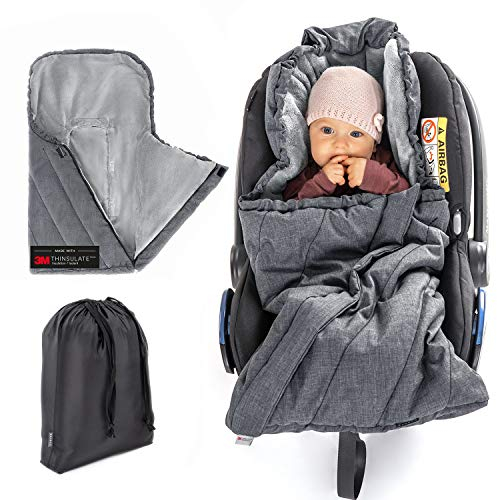 Zamboo Fußsack 3M PRO für Babyschale mit warmer Thinsulate Füllung - Baby Winter-Fußsack für alle Autositze (3-Punkt und 5-Punkt-Gurt) / Babyfußsack mit Tasche - Grau