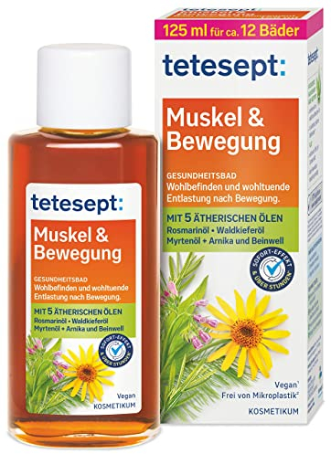 tetesept Muskel & Bewegung Bad – Gesundheitsbad mit 5 ätherischen Ölen – Flüssiger Badezusatz zur wohltuenden Entlastung nach Bewegung – 1 x 125 ml